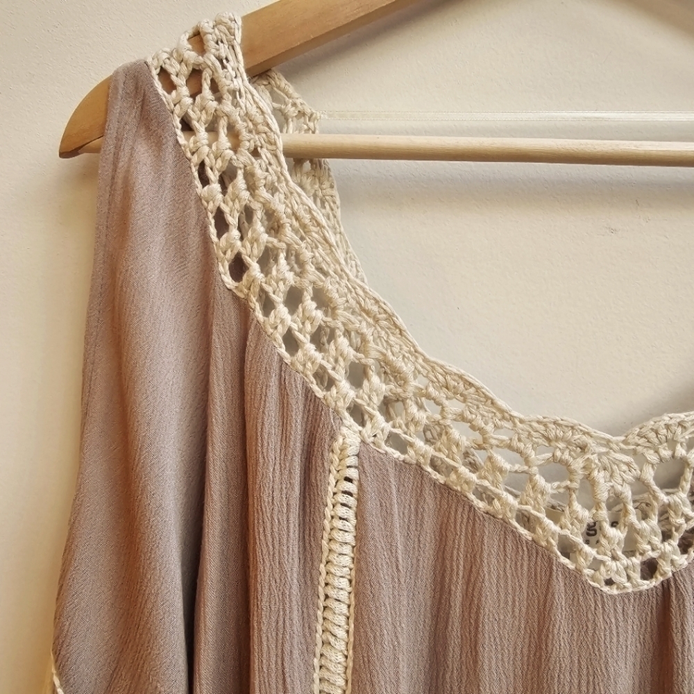 Umgee Macrame Fringe Tunic in Nude Tan Light Brown, Size Small (Oversized) - Picture 5 of 10